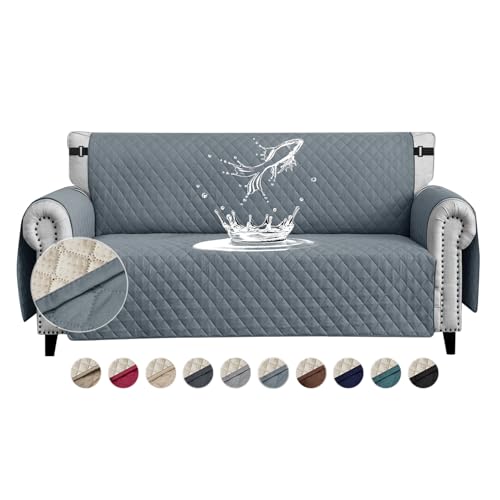 FIGOOO Capa de sofá impermeável 3 lugares antiderrapante com correias elásticas protetor para sofá acolchoado reversível para animais de estimação cães gatos, cinzento - azul