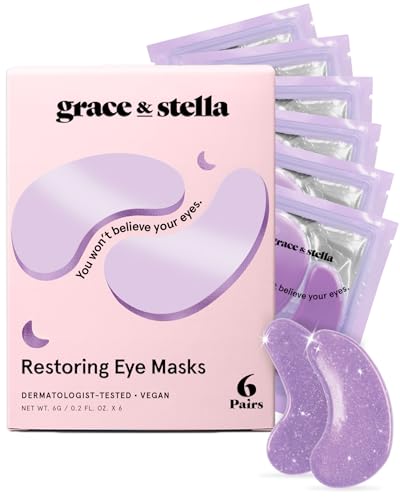 Grace & Stella Patches de olhos, orelhas e sacos, remendos de hidrogel para olhos com retângulo e ácido hialurónico, 6 pares, cor roxa, vegano, não testado em animais
