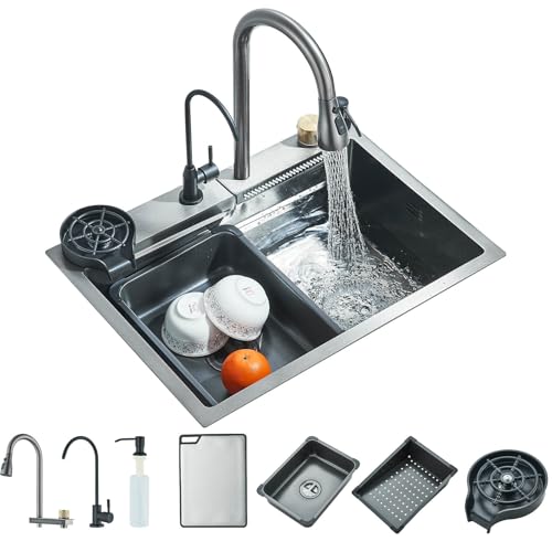 TVTIUO Lava-louça de cozinha multifuncional, lava-louça de cozinha em aço inoxidável, lava-louça da cozinha com lava-copos e dispensador de sabão (60 x 45 cm), com cinzento chumbo, torneira removível,