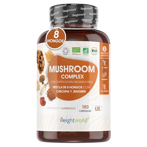 Cogumelos Complex Bio - 180 cápsulas de 8 cogumelos e cogumelos como Lions Mane, Reishi, Shiitake, Maitake, Chaga e Cordyceps - Mushroom Complex de melena de leão enriquecida com gengibre e açafrão