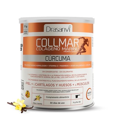 DRASANVI COLLMAR Colagénio marinho hidrolizado curcuma com magnésio, vitamina C, ácido hialurónico, articulações e músculos, máx. assimilação 9,595 mg/dia | 340 g de pó | Collagen sabor baunilha