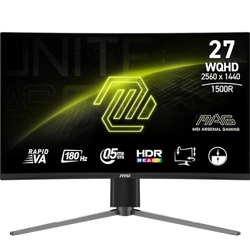 MSI mag 27CQ6PF Monitor curvo Gaming WQHD 27 polegadas, 1500R 2560 x 1440 Rapid VA painel, 180 Hz / 0,5 ms (GtG, Min. ), Adaptive-Sync, DP 1.4a, HDMI 2.0b CEC