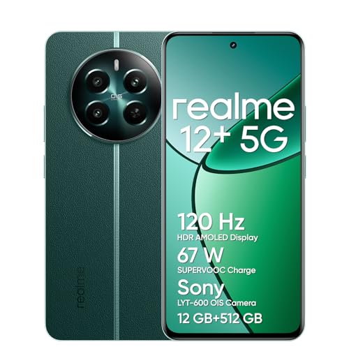 realme 12 + 5G Smartphone 12 + 512 GB com NFC, Sony LYT-600 OIS Portrait Camera, Dimensity 7050 5G chipset, 120 Hz AMOLED Display, 67 W SuperVOOC Charge, verde (não adaptador)