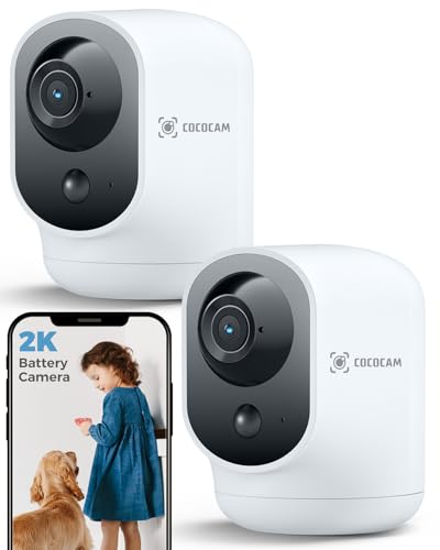 COCOCAM 2 peças 2 K câmara de vigilância WiFi interior sem cabo com bateria 5200 mAh, 355 °P 90 °T, sem fios para bebés animais de estimação cuidados idosos, reconhecimento AI, deteção humana PIR