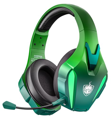 PHOINIKAS Auriculares Gaming sem fios, capacetes Gaming para PS4/PS5/PC, capacetes sem fios com microfone cancelamento de ruído removível, 7,1 estéreo, luz LED (verde colorido)