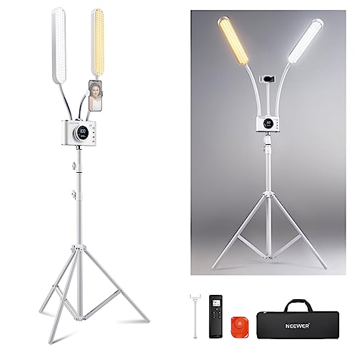 NEEWER Luz estética com suporte para telefone, compatível com controlo 2,4 G/PC/Mac e controlo separado de 2 cabeças de luz, CRI98 candeeiro de pestanas e luz de tatuagem regulável contínua a cores,