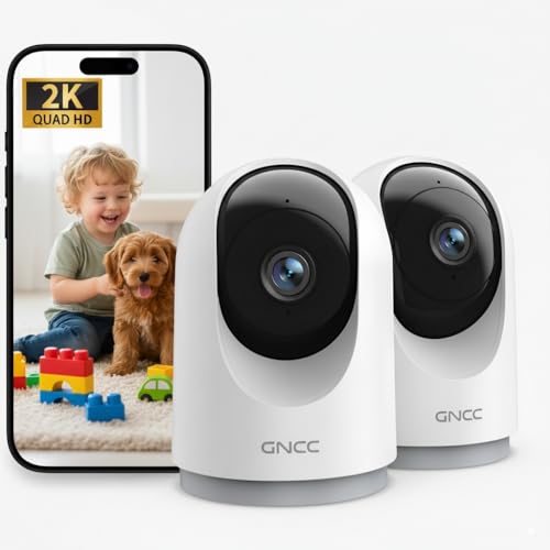 GNCC 2 K Câmara de vigilância Wi-Fi interior, câmaras de vigilância doméstica Wi-Fi para bebé/animais de estimação, rastreamento, detecção de IA, áudio bidirecional, visão noturna, compatível com