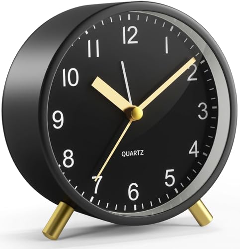 YouJabz Relógio despertador analógico, super silencioso sem tiquetaque com luz noturna, funciona com bateria, relógio despertador de metal redondo moderno para escritório, quarto, idosos, crianças