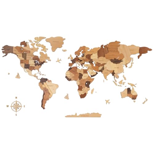 Creawoo Mapa do mundo 3D de madeira para decoração de parede, grande mapa-múndi maciça natural multicamada arte de parede para escritório sala de estar quarto, mapa mundo de viagem de madeira - 200 x