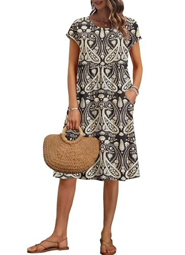 AUSELILY Vestido de verão, manga curta até ao joelho, para mulher, vestidos folgados, com decote redondo e bolsos