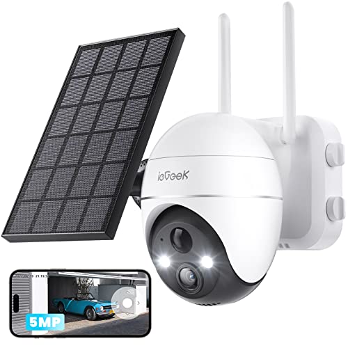 ieGeek 5MP Câmara de vigilância WiFi exterior, PTZ 360° câmara de vigilância solar, deteção humana PIR, visão noturna colorida, áudio bidirecional, armazenamento local / nuvem, compatível com Alexa
