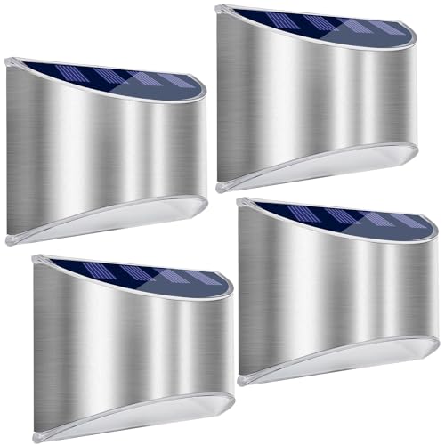 LeiDrail Candeeiros solares para exteriores, 4 unidades, aço inoxidável, lâmpada solar LED, impermeável, candeeiro de parede exterior, luz branca, luz solar, jardim, candeeiro de parede impermeável,