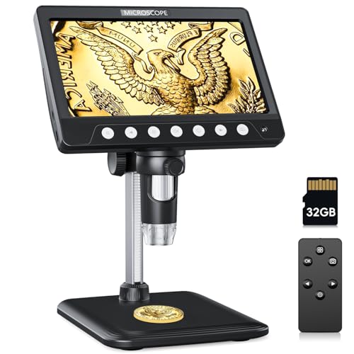 Microscópio CIMELR, microscópio digital de 7 polegadas, resolução de 50 x 1200X, microscópio USB com 8 luzes LED ajustáveis, microscópio para adultos e crianças, cartão TF de 32 GB (preto)