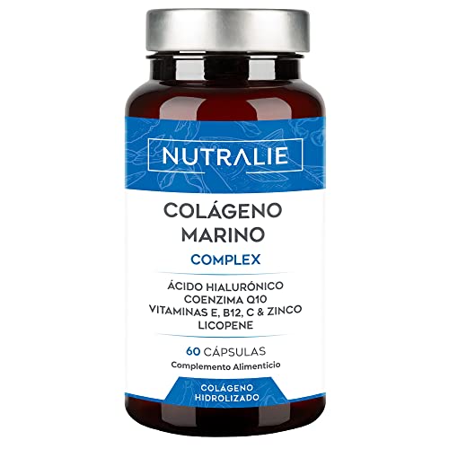 Colágeno marinho hidrolizado puro ácido hialurónico Q10 Vit C E - pele articulações prémio 2023-100% peptídeos de colagénio tipo I - 60 cápsulas Nutralie