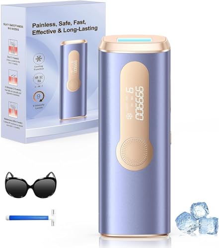 Depiladora a laser IPL com refrigeração, função inovadora 3 em 1, 9 níveis de energia, 999,900 Flashes, removedor de luz indolor para todo o corpo roxo