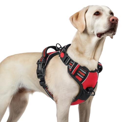 rabbitgoo Arnês médio para cão com 3 fivelas, libertação do pescoço, arnês ajustável com alça e clipe frontal, arnês antipuxões para cães refletor, para treino correr, vermelho, L