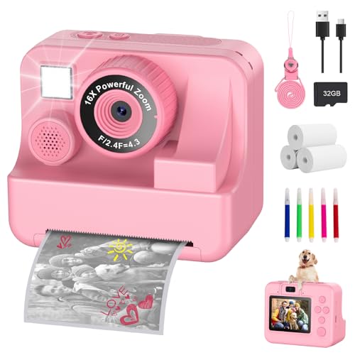 Câmara instantânea para crianças com selfie1080p, câmara instantânea com cartão de 32 GB e 3 rolos de papel de impressão, câmara para meninos, brinquedos para meninos e meninas dos 3 aos 12 anos