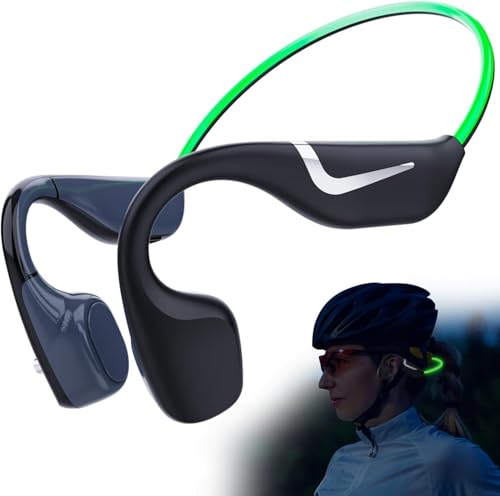 MONODEAL Auriculares condução óssea, auriculares sem fios desportivos IPX7 à prova de suor, Bluetooth 5,3 verde com luz inteligente, auriculares ósseos 20 horas de reprodução