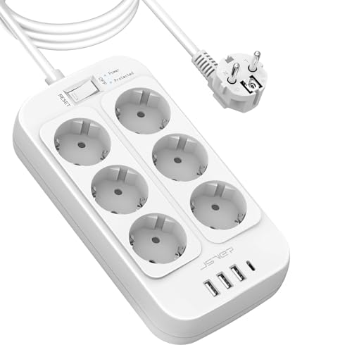 JSVER Proteção contra picos de tensão, tomada USB, 4 portas USB (3 USB A 1 USB C) e 6 tomadas tomada extensão múltipla de carregamento para iPad iPhone Tablets - cabo 3 m - branco