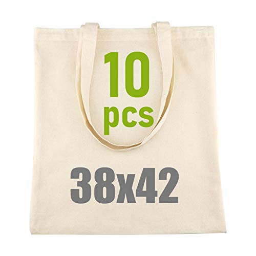 IDEA HOME Bolsa de juta - conjunto de 10 sacos de algodão 100 % - saco de tecido para pintura, 38 x 42 cm, 144 g/m², lona com alças compridas - reutilizável para transporte