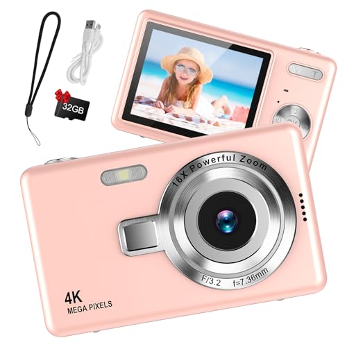 Câmara digital 1080P FHD câmara compacta de 44 MP com ecrã LCD de 2,4" Zoom digital de 16X câmara de vlogging simples câmara digital portátil com cartão SD de 32 GB para crianças (rosa)