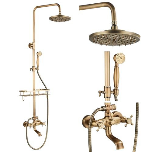 Retro cascata torneira de duche banheira latão antigo kit com suporte extensível (100-135 cm) 3 saídas 8" cabeça de chuveiro superior chuveiro chuveiro de mão banheira