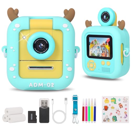 Câmara com fotos infantis instantâneas, ZUEOKAI 2,4" com lente rotativa de 180° e 3 papéis de impressão, cartão de 32 GB e capa de silicone, aniversário para menino menina de 3 a 10 anos