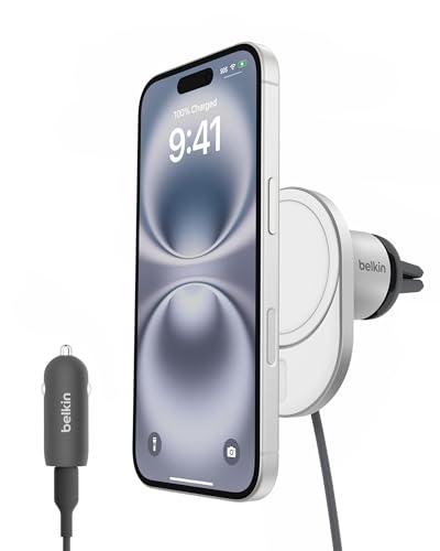 Belkin BoostCharge Pro Carregador magnético sem fios para carro com Qi2 de 15 W, carregador compatível com MagSafe para iPhone 17, iPhone Air, adaptador de alimentação de 20 W e cabo USB-C incluídos