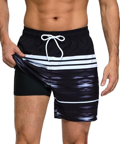 Kfnire Calções de banho para homem com forro de compressão e bolsos, calções de banho para natação secagem rápida hidrofugo para homem