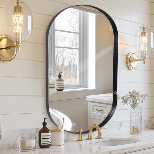 Melodieux Espelho de toucador de casa de banho preto para parede, 60 x 90 cm, espelho de parede oval com moldura de metal, espelho decorativo para quarto, sala de estar, entrada, horizontal ou