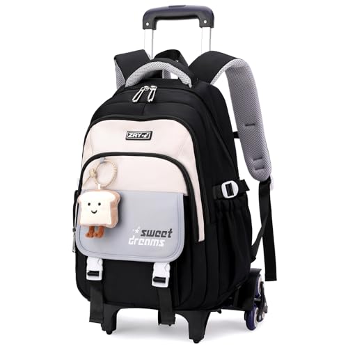 Amythe Mochila com rodas para menina, mochilas escolares carrinho para adolescentes, carrinho mochila de viagem para crianças, mochila portátil casual 36 L para menina e mulher com carrinho, Preto