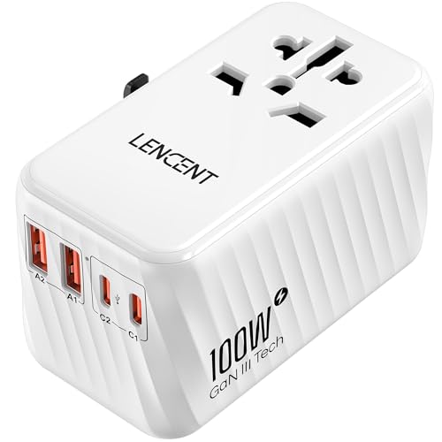 LENCENT Adaptador de tomada universal GAN de 100 W, carregador internacional com 2 PD3.0 tipo C+2 QC USB de carregamento rápido, adaptador de viagem para telemóveis, tablets, portátil, UE/EUA/UK/AU,