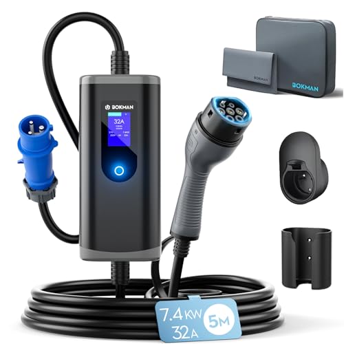 bokman Carregador de carro elétrico 7,4 kW, 8 metros / 6-32A / monofásico / IP65 impermeável/CEE, tipo 2 de carregamento para veículos elétricos com cabo