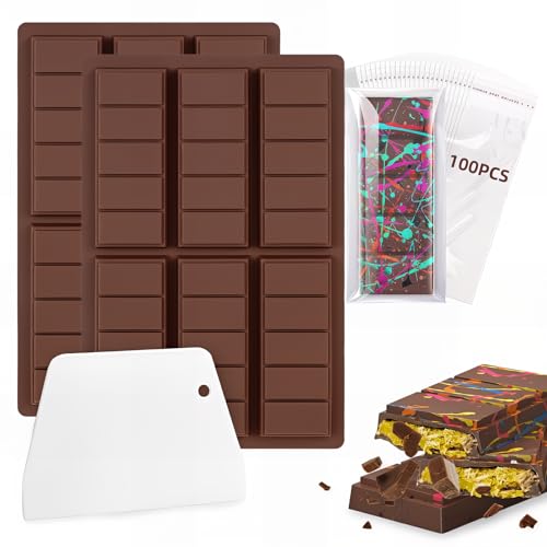 Bugucat Conjunto de moldes de chocolate de silicone, 2 moldes de chocolate com raspador e 100 sacos de embalagem, molde de silicone para chocolate, perfeito para fazer chocolate (retângulo)