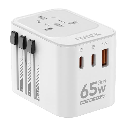 FDTEK Adaptador tomada de viagem 65 W, adaptador de tomada universal com 1 USB A e 2 tipo C carregamento rápido, adaptador de viagem global para americano UK Austrália, adaptador de corrente