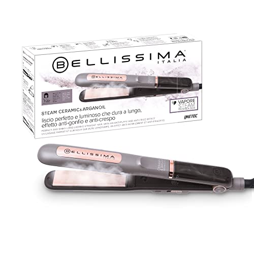 Bellissima Steam Ceramic & Argan Oil Ferro a vapor, revestimento de cerâmica e óleo de argão, 3 níveis, aquecimento rápido, placas balculantes, desligamento automático