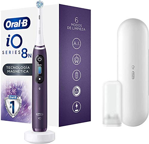 Oral-B iO 8N Escova de dentes elétrica com cabo recarregável, tecnologia magnética de Braun, 1 cabeça de substituição, ecrã colorido, carregador e estojo de viagem premium - roxo