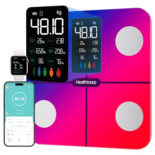 Balança de gordura corporal Healthkeep balança de casa de banho, balanças digitais inteligentes com função de frequência cardíaca, 15 dados corporais, ecrã VA extra grande
