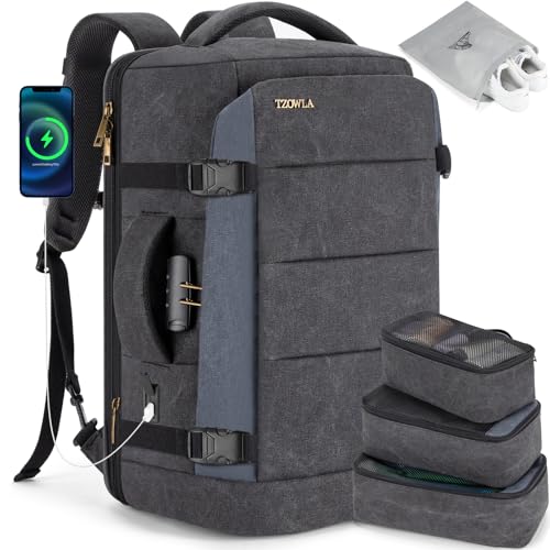 Tzowla Mochila viagem cabine avião para homem e mulher 40 litros, mochila para portátil impermeável anti-roubo com porta de carregamento USB, bolsa de transporte casual para 17,3 polegadas