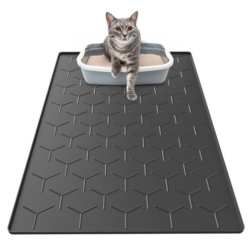 Garoopion Tapete de reneiro de gato, 86 x 56 cm tapete de areia de gato, silicone impermeável tapete areia gatos, fácil de limpar, preto