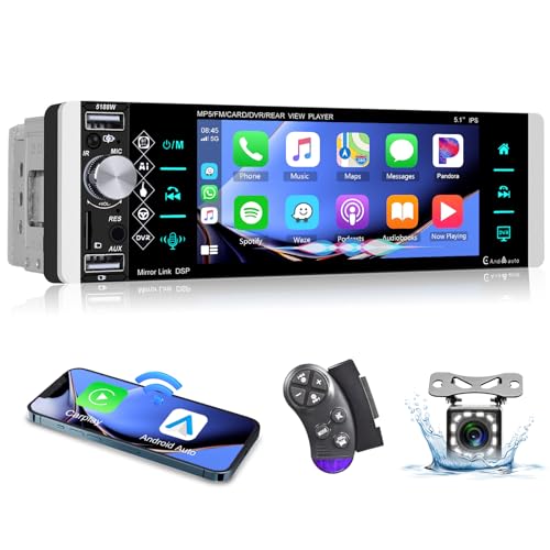 VECHTEL Rádio carro 1 DIN com CarPlay sem fios Android Auto 1 polegadas de toque ecrã carro Bluetooth, rádio FM RDS, Mirror Link, USB/TF/AUX-in, microfone, câmara de apoio