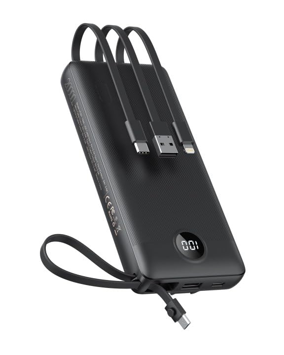 Power Bank 20000 mAh, VEEKTOMX Bateria externa USB C carregador portátil com cabos integrados, 5 saídas e 2 entradas Powerbank compatível com iPhone/Samsung/Huawei/Tablet, viagem essencial (preto)