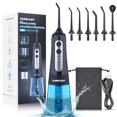 INSMART Irrigador bucal portátil, 300 ml irrigador dental sem fios portátil profissional limpar dentes com 6 boquilhas 4 modos para casa e viagens, IPX7 impermeável USB recarregável para