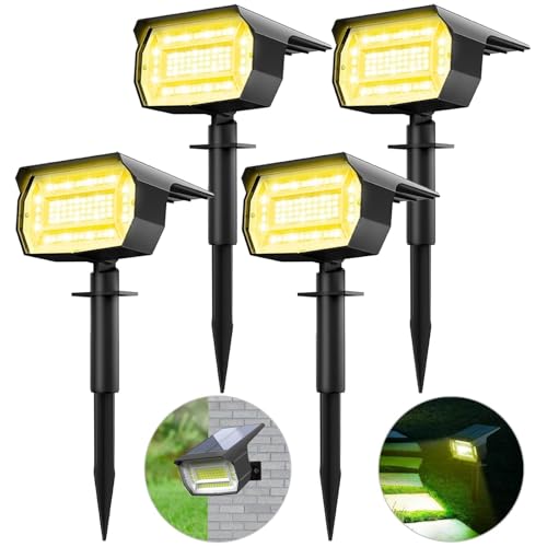 LOTMOS Luzes solares LED exterior jardim [4 pacotes/72 LED] holofotes LED exteriores solares, impermeável IP65 luz solar potente holofote solar jardim exterior chão (branco quente)