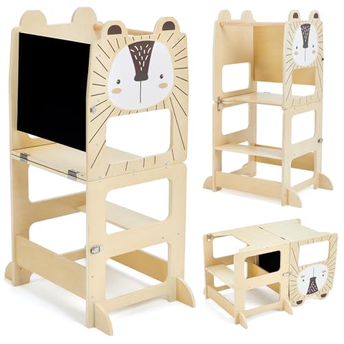 labebe Torre de aprendizagem, torre de aprendizagem de madeira, torre de aprendizagem dobrável para aprender com ardósia, conjunto dobrável de mesa e cadeira para crianças pequenas