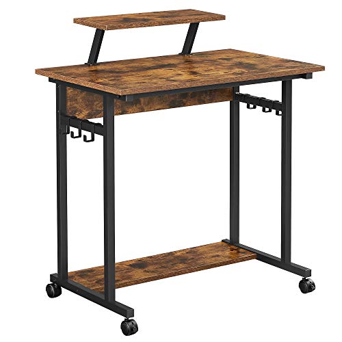 VASAGLE Secretária, mesa de computador, mesa de estudo com rodas, com suporte de ecrã, 6 ganchos, 80 x 50 x 90 cm, estilo industrial, castanho rústico e preto LWD085B01