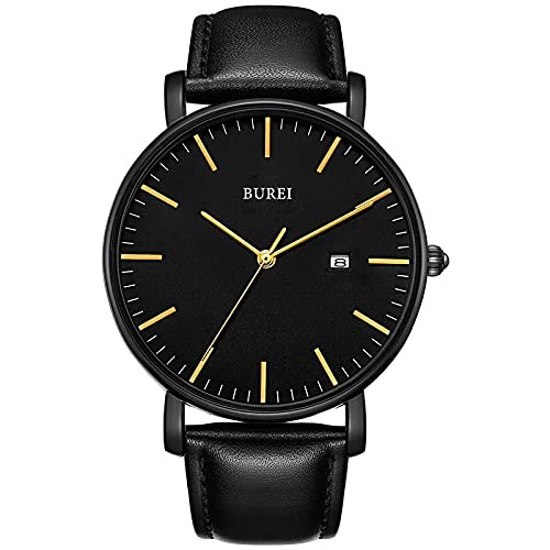 BUREI Relógio de pulso minimalista analógico com data e correia de pele para homem