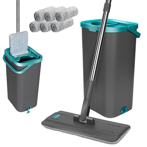 Masthome Esfregão plano e balde drenador, conjunto de esfregona com balde de 140 cm, cabo longo de aço inoxidável e 6 panos de substituição de microfibra para pisos de madeira, laminados, azulejos e