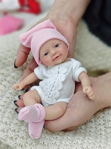 MYREBABY Boneca de silicone de corpo inteiro com tecido de 7 polegadas, boneca micro realista para recém-nascido, olhos realistas, bebé aberta, parece um bebé de verdade, com acessórios de roupa,