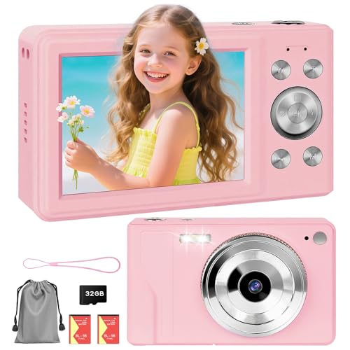 HERBYD Câmara digital 56MP 1080P FHD com autofoco, zoom digital 16X, ecrã LCD de 2,8", cartão SD de 32 GB e 2 baterias - câmara compacta portátil para crianças, adolescentes e iniciantes